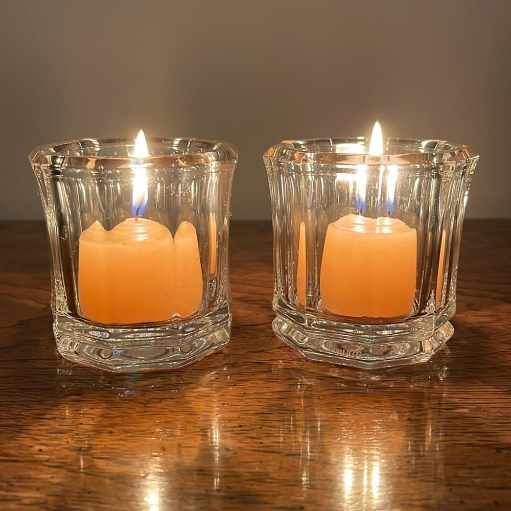 Vintage Signed Tiffany & Co Rock Cut Crystal 9-Sided Votive Candle Holders Pair
